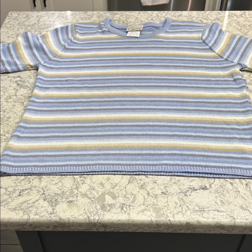 Vintage Company Collection Blue and Yellow Striped Knit Short Sleeve Sweater